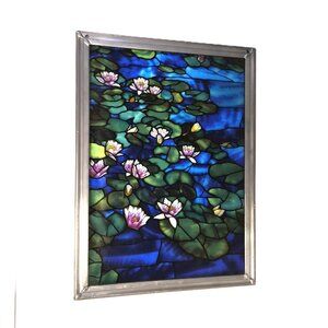 VTG Monet Lilies in the Pond Stained Glass Panel by Glassmasters Signed 1988 USA